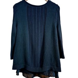 Lucky Brand Cotton Knit Double Layer Sweater Black Cableknit With Brass Buttons